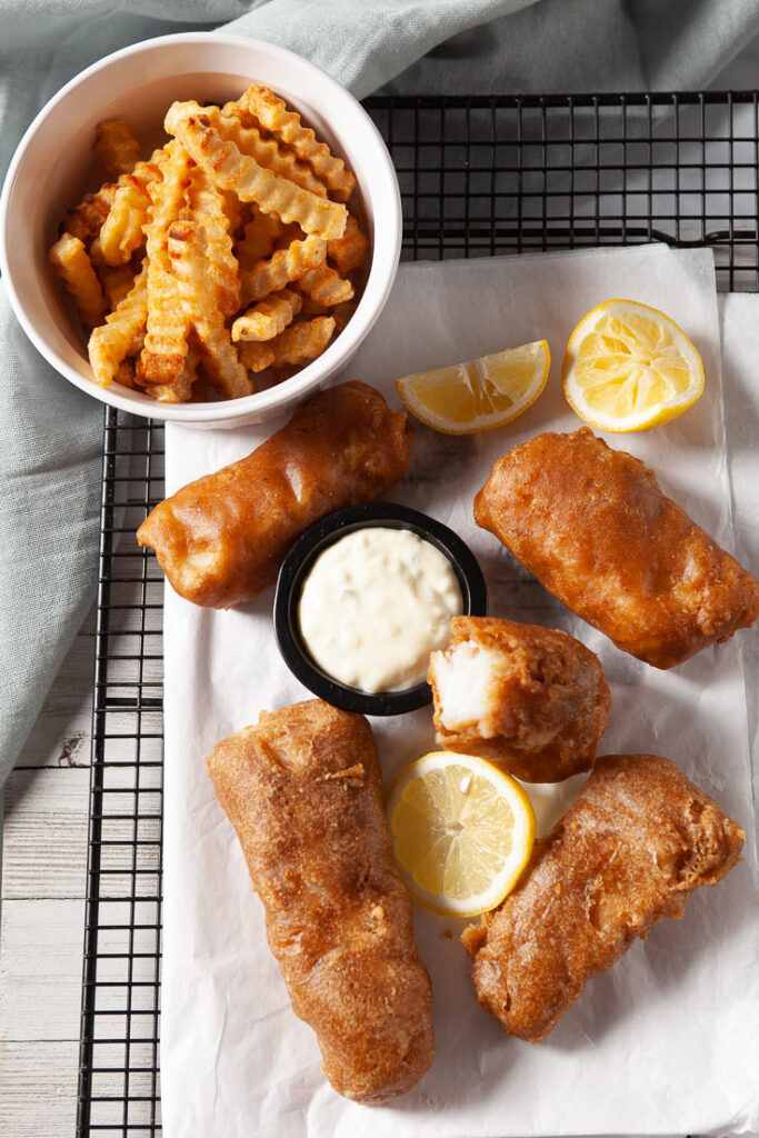 Crispy Fish and Chips with Tartar Sauce and Lemons