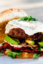 Fried Egg Burger with Avocado, Bacon, and Lettuce