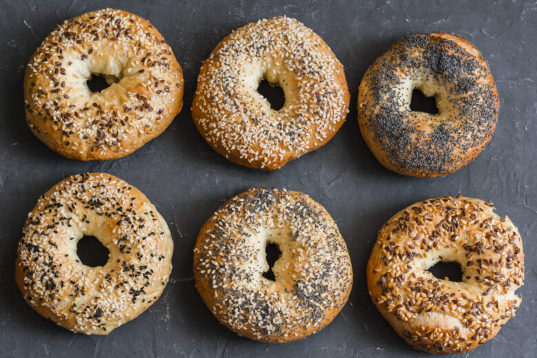 Homemade everything bagels, sesame bagels, and poppyseed bagels