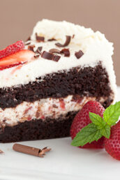 double chocolate layer cake with strawberries