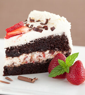 double chocolate layer cake with strawberries