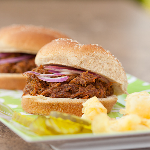 Closed-up of Pulled Pork with Sliced Pickles