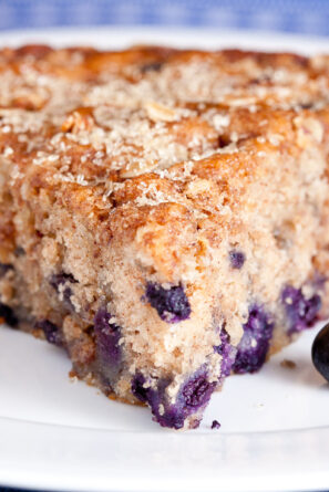 blueberry coffee cake slice on a plate