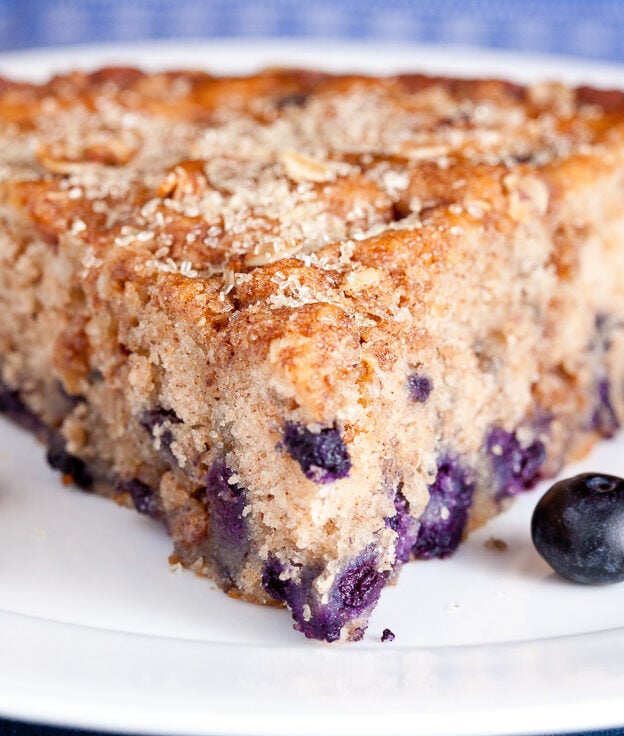 blueberry coffee cake slice on a plate