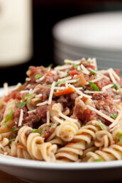 Bolognese sauce over pasta