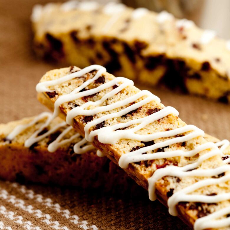 almond biscotti with white chocolate drizzle.