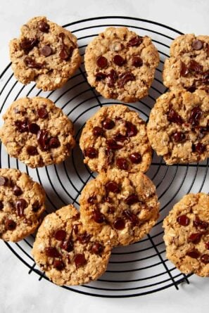 Chewy Oatmeal Chocolate Chip Cookies on a cooling rack.