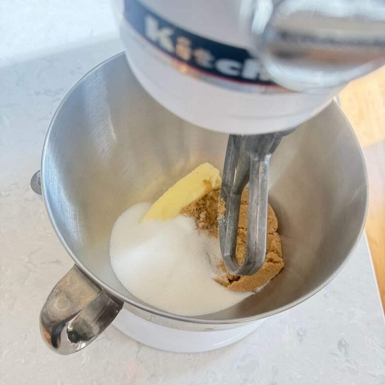Oatmeal Chocolate Chip Cookies Butter and Sugars in Mixing Bowl.