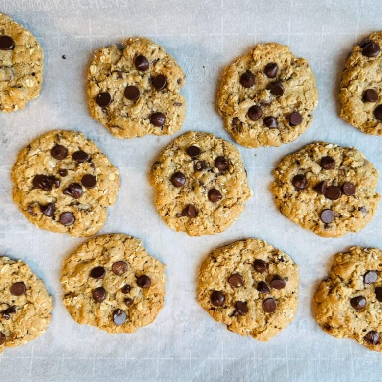 Oatmeal Chocolate Chip Cookies Finished Baking on Sheet Pan.