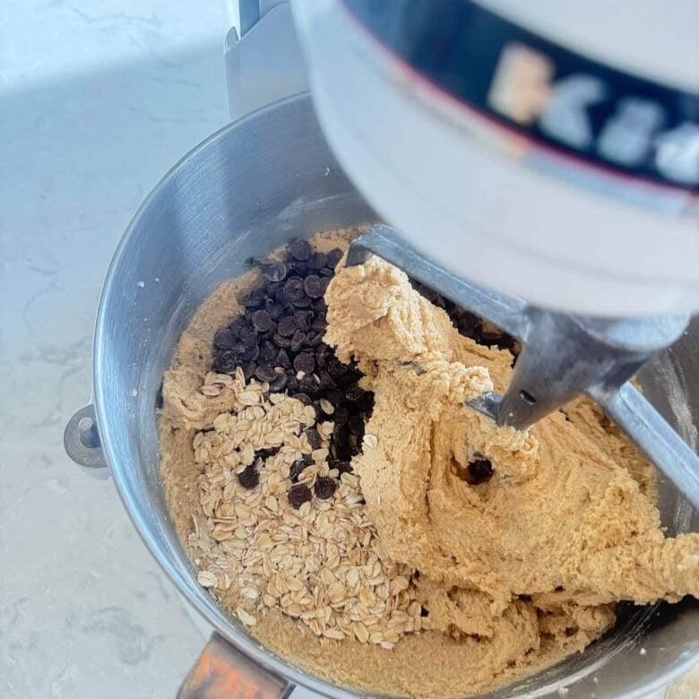 Oatmeal Chocolate Chip Cookies Oatmeal and Chocolate Chips in Mixing Bowl.