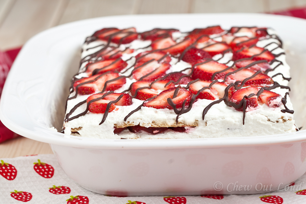 Strawberry Icebox Cake in white dish