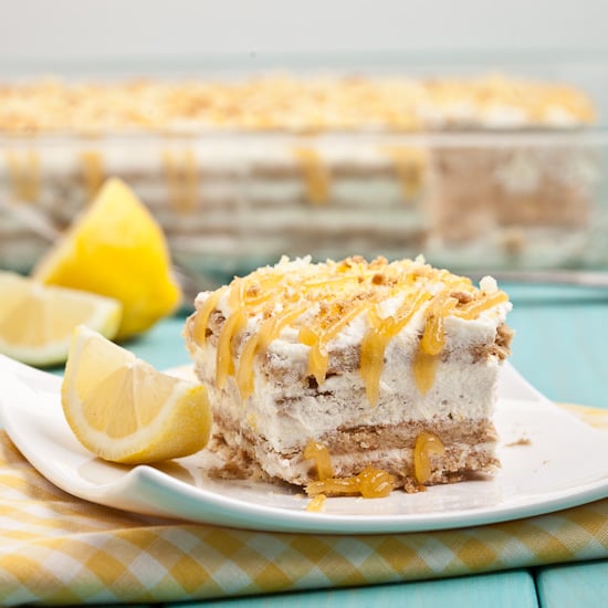 lemon icebox cake slice on a white plate