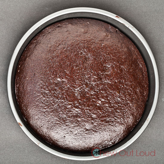 chocolate cake layer baked and in pan.