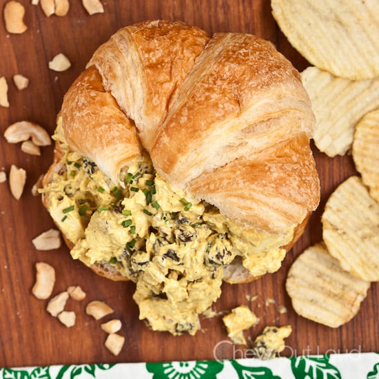 Curried Chicken or Turkey Salad sandwich in croissant with potato chips