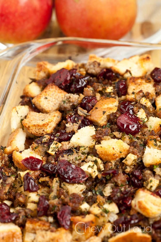Apple sausage cranberry stuffing in a dish