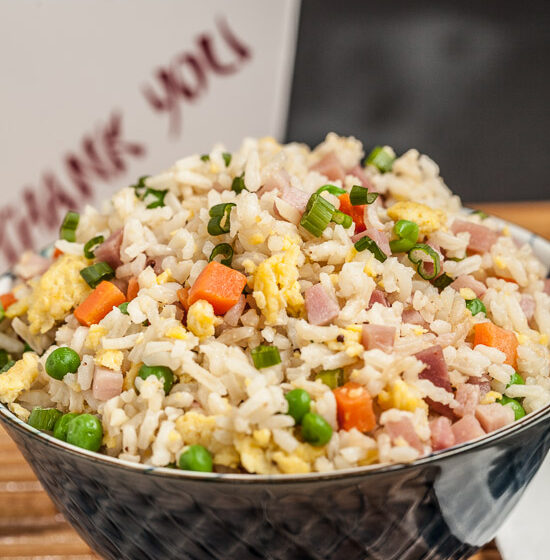 ham fried rice recipe with egg in a bowl