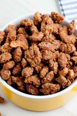 candied pecans nuts in bowl.