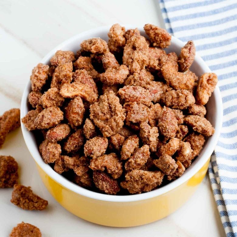 candied pecans nuts in bowl.