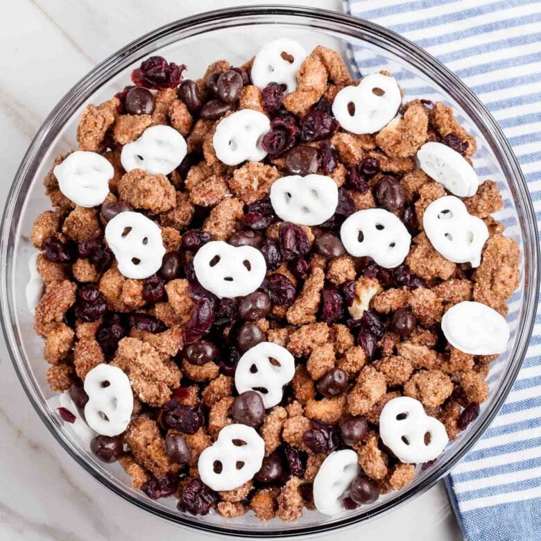 candied pecans nuts in snack mix.