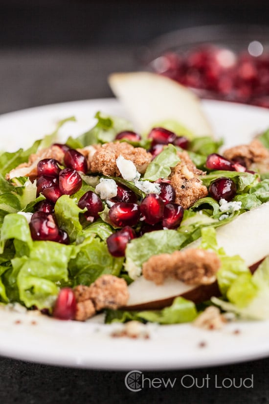 pomegranate and pear salad with blue