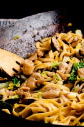 chicken lo mein with napa cabbage in wok