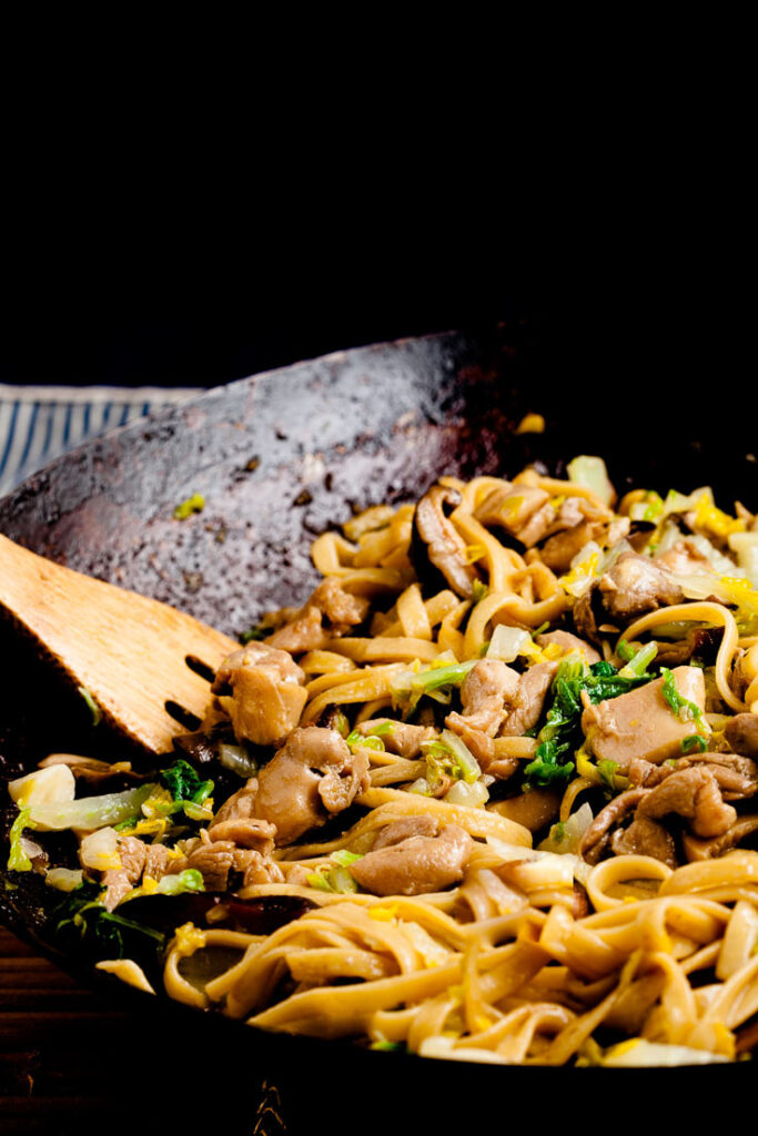 Chicken Lo Mein with Napa Cabbage in wok