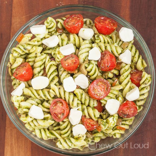 Caprese Pasta Salad with tomatoes and mozzarella in bowl