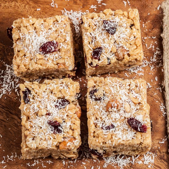 healthy rice cereal bars with peanut butter and coconut