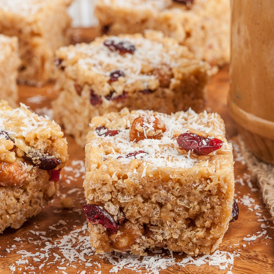 Crispy rice cereal bars with peanut butter