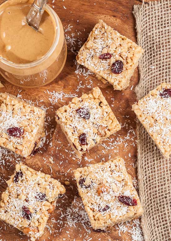 Crispy cereal bars with peanut butter and dried fruit