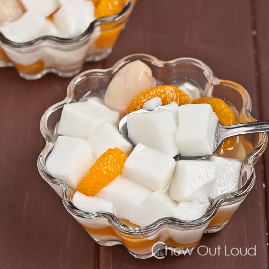 Asian Almond jello cubed with fruit in a dish