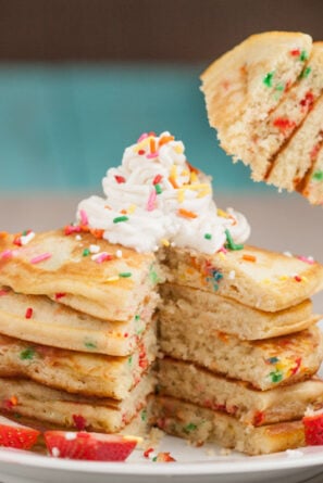 Birthday Cake Pancakes with Icing and Candy Sprinkles