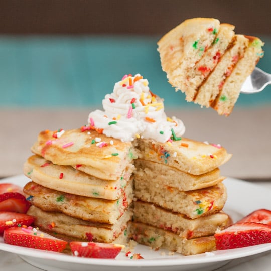 Birthday Cake Pancakes with Icing and Candy Sprinkles