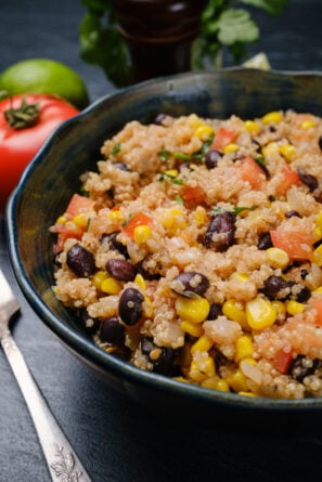 Mexican quinoa with black beans and corn in a bowl.