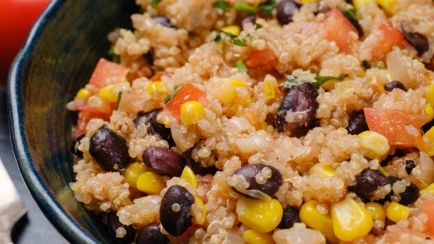 Mexican quinoa with black beans and corn in a bowl.