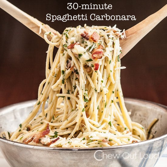 Spaghetti Carbonara with Cut Bacon and Chopped Parsley