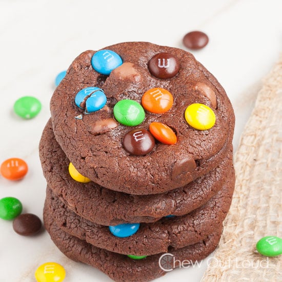 A Stacked of Chocolate Cookies with M&M Toppings