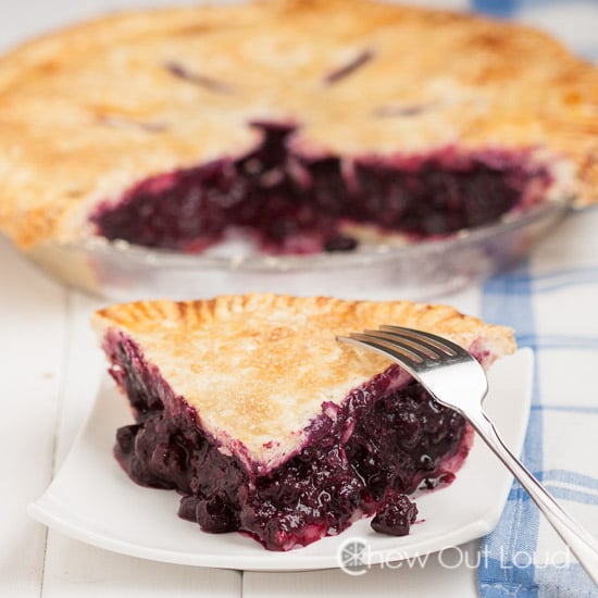 Fresh Blueberry Pie slice on white plate with fork