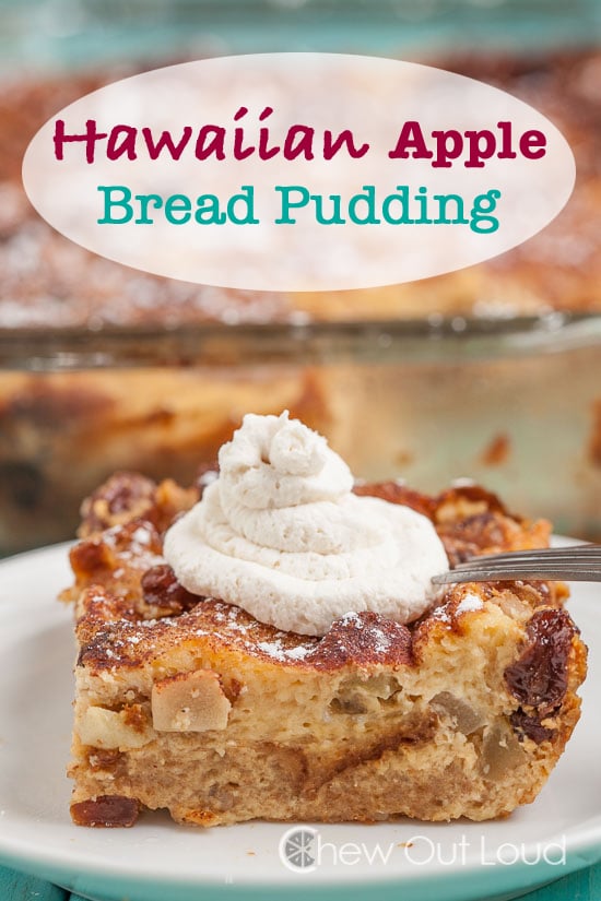 hawaiian apple bread pudding slice on a plate with whipped cream