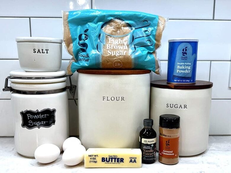 Snickerdoodle dessert bars ingredients such as butter and sugar and eggs.