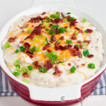 Garlic Mashed Potatoes with Cheese and Chopped Bacon and Sliced Onions