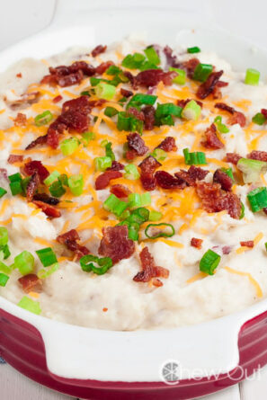 Garlic Mashed Potatoes with Cheese and Chopped Bacon and Sliced Onions