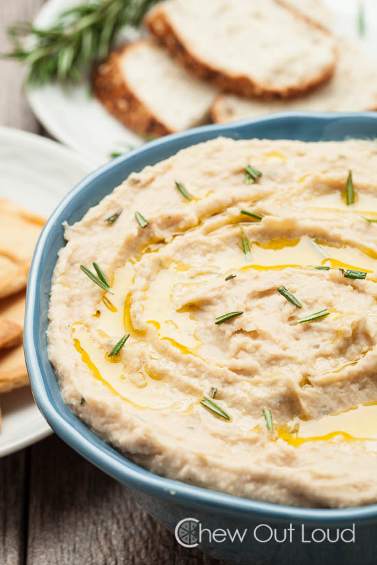 Close - up of White Bean Garlic Dip with Chopped Rosemary