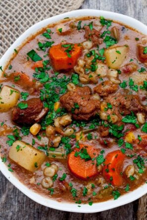 Beef and Barley Stew in a Bowl.