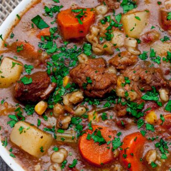 Beef and Barley Stew in a Bowl.