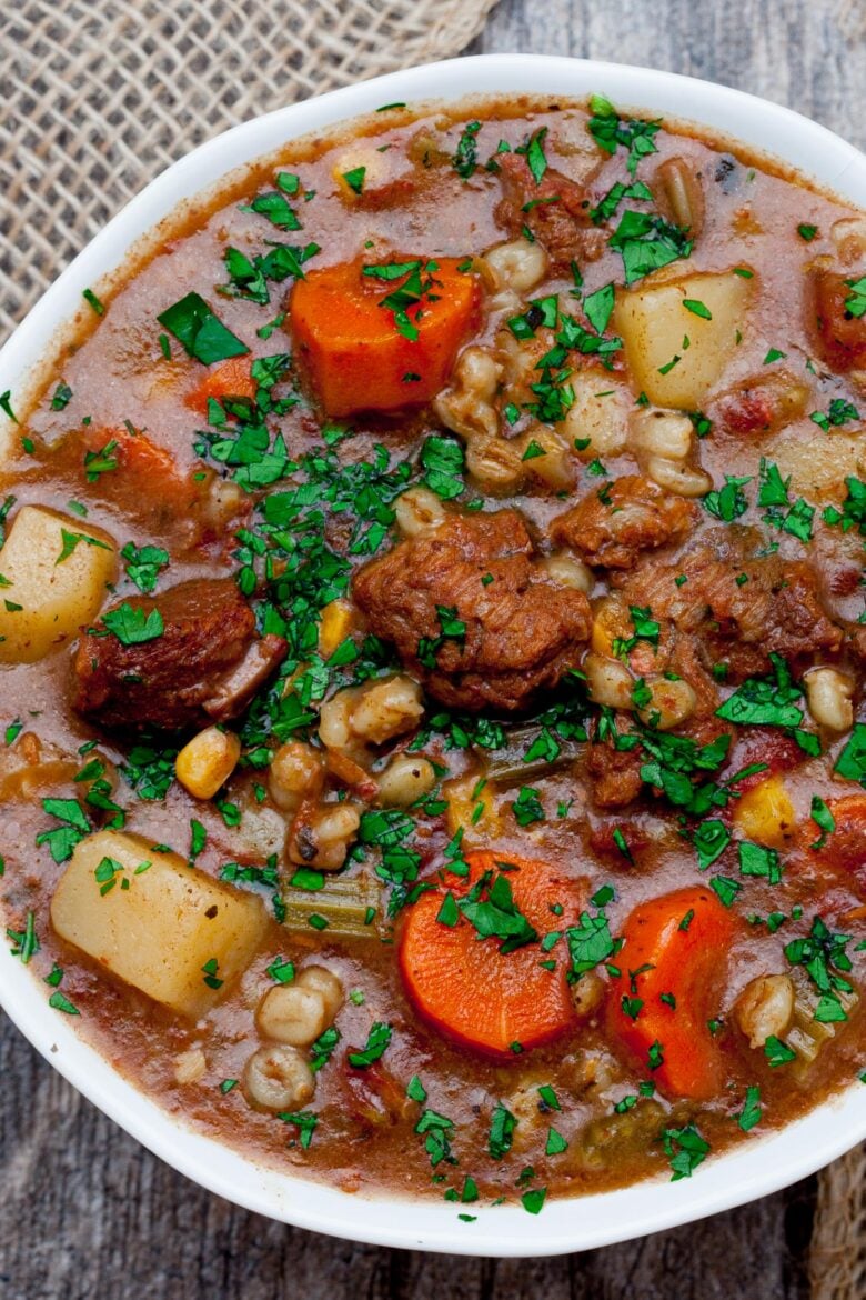 Beef and Barley Stew in a Bowl