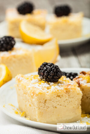 Lemon Magic Custard Cake with Blackberry