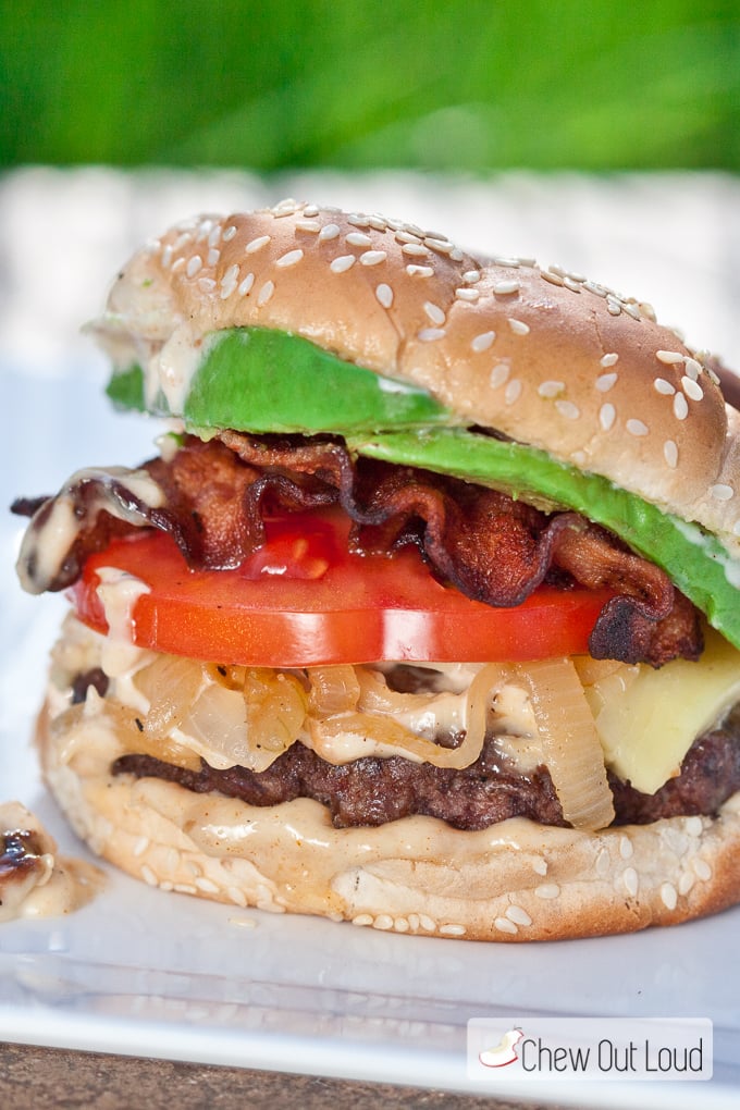 blt burgers with bacon lettuce and tomato on sesame bun