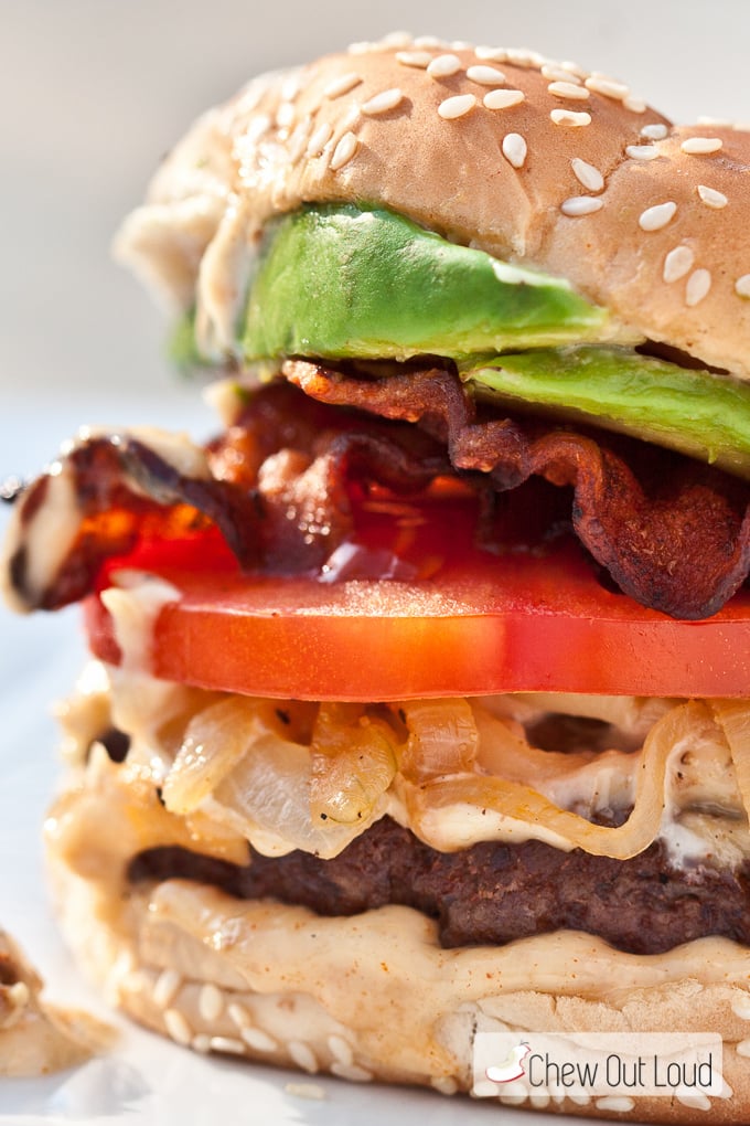 blt burgers with bacon lettuce and tomato on sesame bun