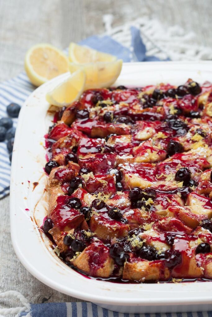 Blueberry Lemon French Toast Bake in white casserole dish